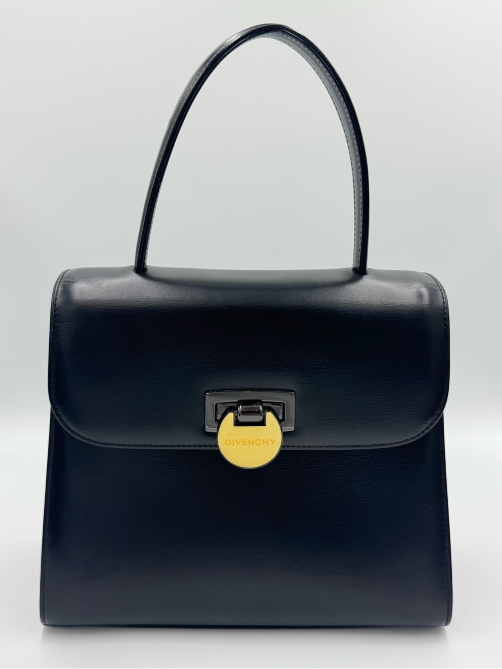 Givenchy Black Leather Top-Handle Satchel with Gold Disc Lock